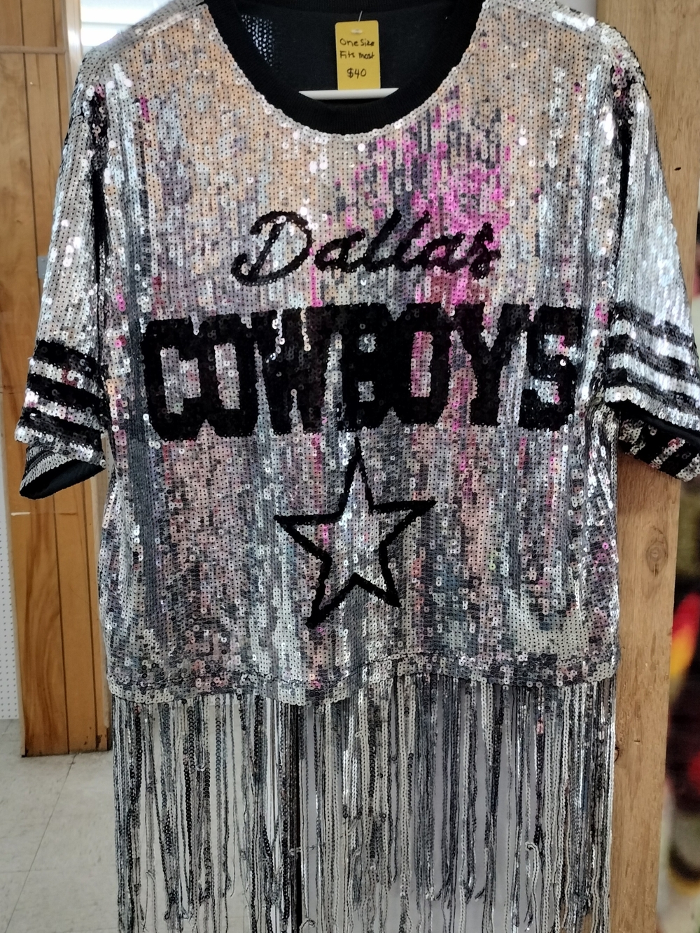 Dallas Cowboys Ladies Sequin Fringe Jersey - Silver & Black